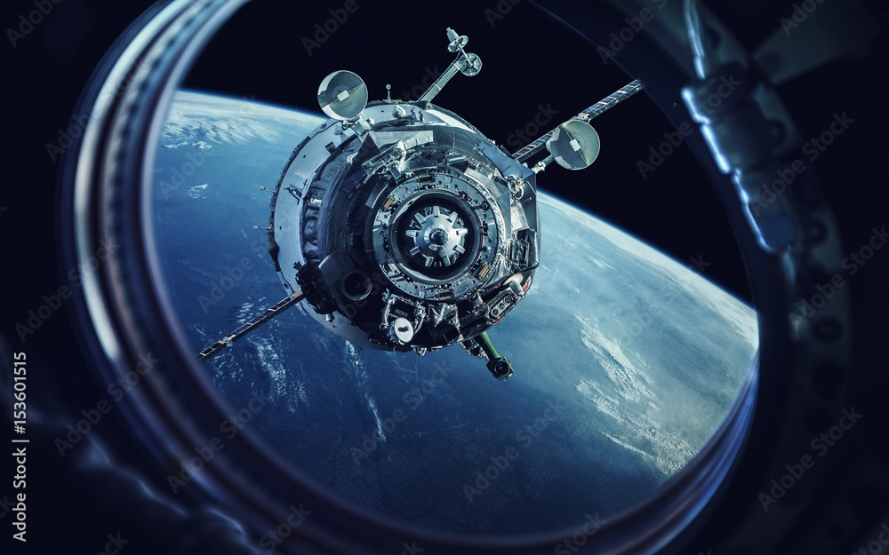 View from spaceship porthole. Earth and spacecraft. Elements of this image furnished by NASA