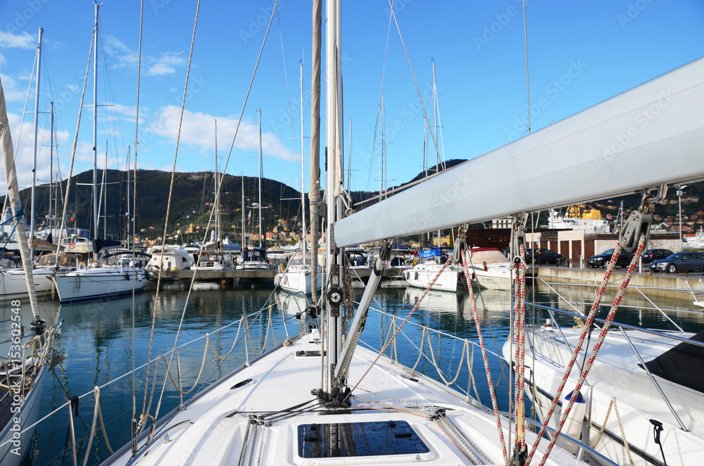 Fototapeta premium Rostrum of a modern yacht. Port of la Spezia, Italy.