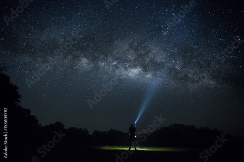  The Man point flashlight to the milky way galaxy, Night sky with stars, Long exposure photograph, with grain.