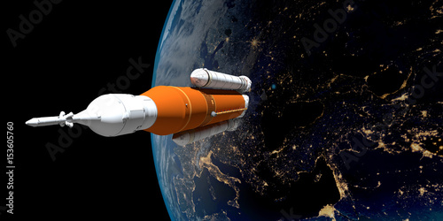 Fototapeta Naklejka Na Ścianę i Meble -  Extremely detailed and realistic high resolution 3d image of a Space Launch System Rocket. Shot from space. Elements of this image are furnished by Nasa.