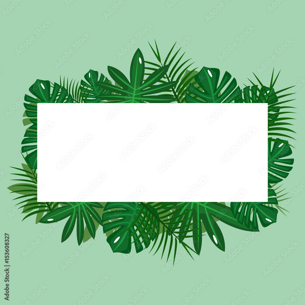 Composition of Green Tropical Leaves With White Frame for Text, Exotic Jungle Plant Vector illustration Composition of Green Tropical Leaves With White Frame for Text, Exotic Jungle Plant Vector illustration