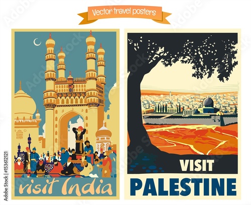 Travel poster vectors illustrations with vintage oriental and middle east holiday destinations