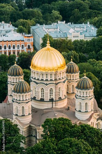 Riga, Latvia. Riga Cityscape. Top View Of Riga Nativity Of Christ Cathedral - Famous Church