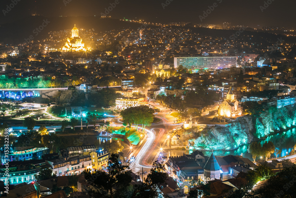 Tbilisi, Georgia. Night Cityscape With Famous Landmarks. Rike Park