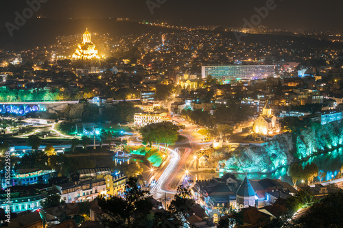 Tbilisi, Georgia. Night Cityscape With Famous Landmarks. Rike Park