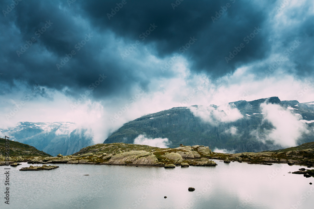 Scenic View Of Mountains Lake. Nature Of The Norwegian Mountains