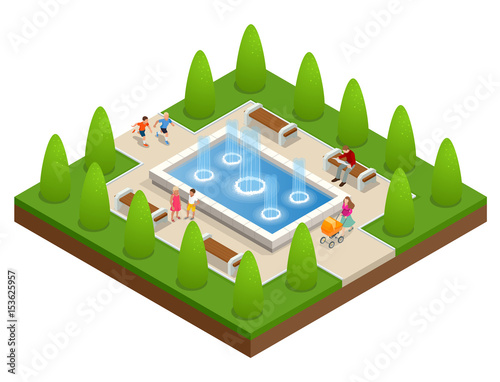 Beautiful fountain in the park. A zone of rest and relaxation. Children play near the fountain. Flat vector isometric on white background