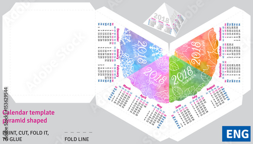 Template english calendar 2018 by seasons pyramid shaped, vector watercolor background