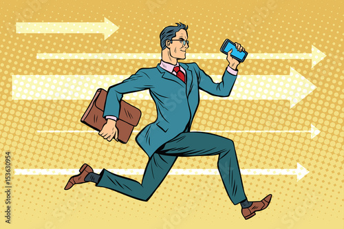 Businessman with a smartphone running fast forward