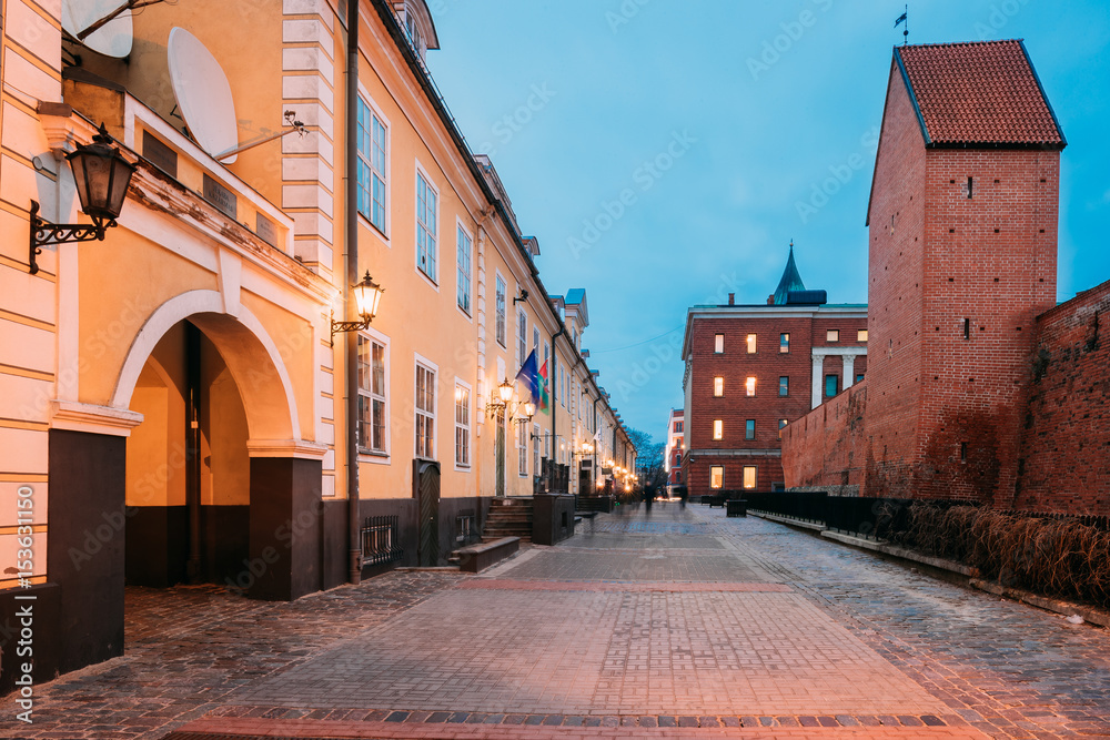 Riga, Latvia. Facades Of Old Famous Jacob's Barracks On Torna St