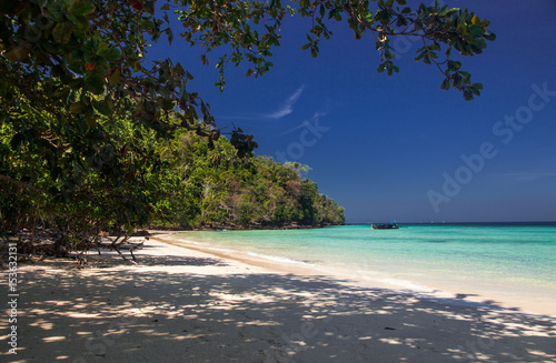 idillyic tropical hidden beach with white sand and palm trees on Bamboo island, Ko Phi Phi archipelago Thailand © Melinda Nagy