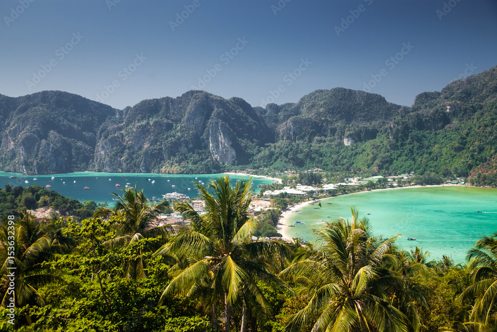 travel vacation background - Tropical island with resorts - Phi-Phi island, Krabi Province, Thailand