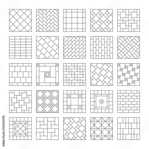 Design ceramic tile and mosaic. Composition of the tile, mosaic on the wall or on the floor. Geometric ornamental. Set of simple vector icons as design elements. Vector collection.