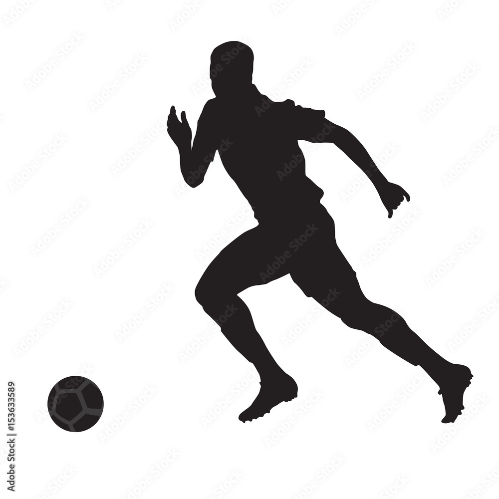 Running soccer player, vector silhouette, side view