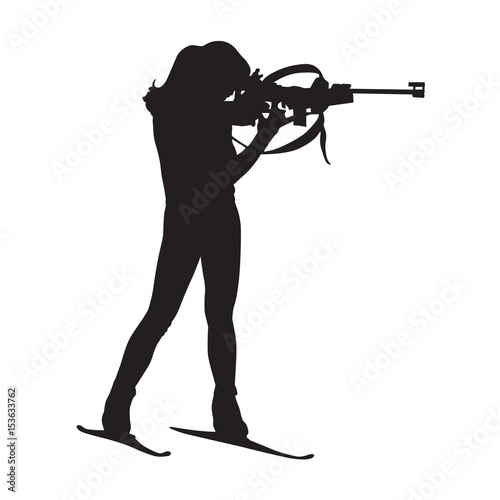 Biathlete woman stands on the range and pointing a gun at a target, vector silhouette