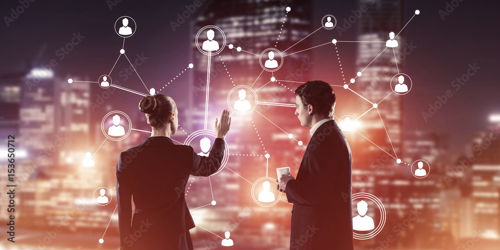 Obraz premium Concept of social connection and networking against night city v