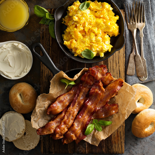 Big breakfast with bacon and scrambled eggs