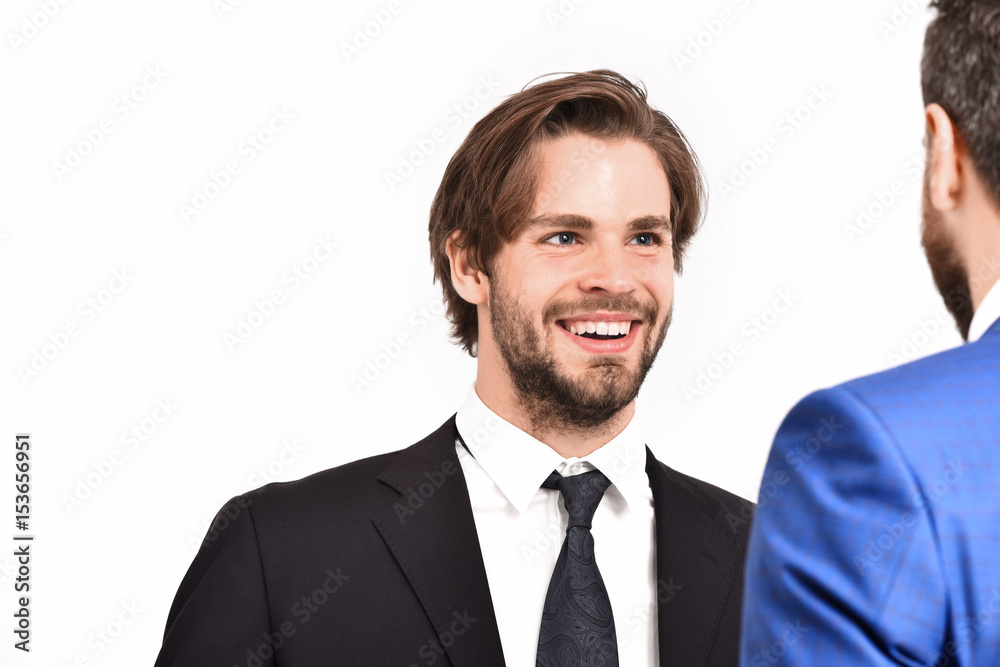 happy men in jacket speaking with businessman happy men in jacket speaking with businessman