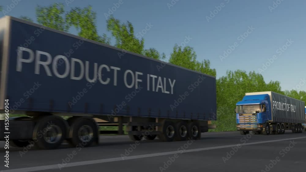 Moving freight semi trucks with PRODUCT OF ITALY caption on the trailer. Road cargo transportation. Seamless loop 4K clip Moving freight semi trucks with PRODUCT OF ITALY caption on the trailer. Road cargo transportation. Seamless loop 4K clip