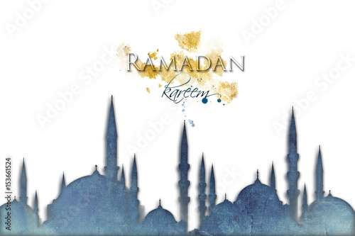 Eid Mubarak Ramadan Kareem muslim islamic holiday background with arabic oriental eid lantern or lamp and mosque