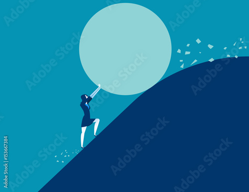 Businesswoman stopping a giant rolling rock. Concept business vector illustration.