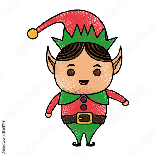 color pencil cartoon full body christmas elf with traditional costume vector illustration