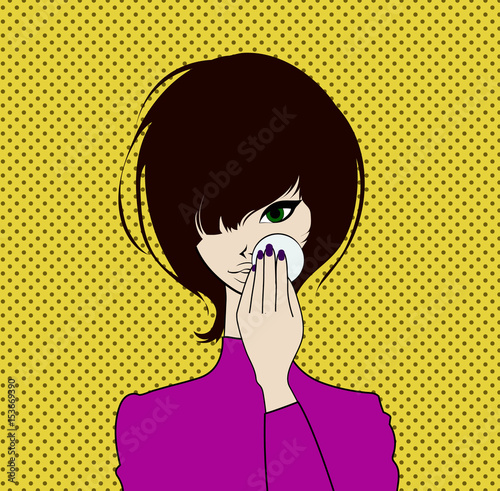 Girl cleans her face with cosmetic lotion, deleting makeup. Vector stock illustration.