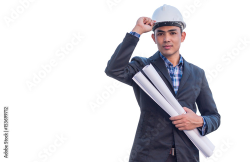 Portrait of engineer wear white safety helmet on isolated white backgrouond