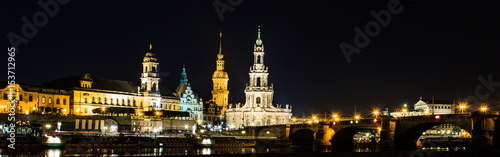 Dresden, Germany. Cathedral of the Holy Trinity or Hofkirche, Bruehl's Terrace on Elbe river.