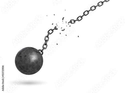 3d rendering of a black iron ball swinging and falling from a broken chain.