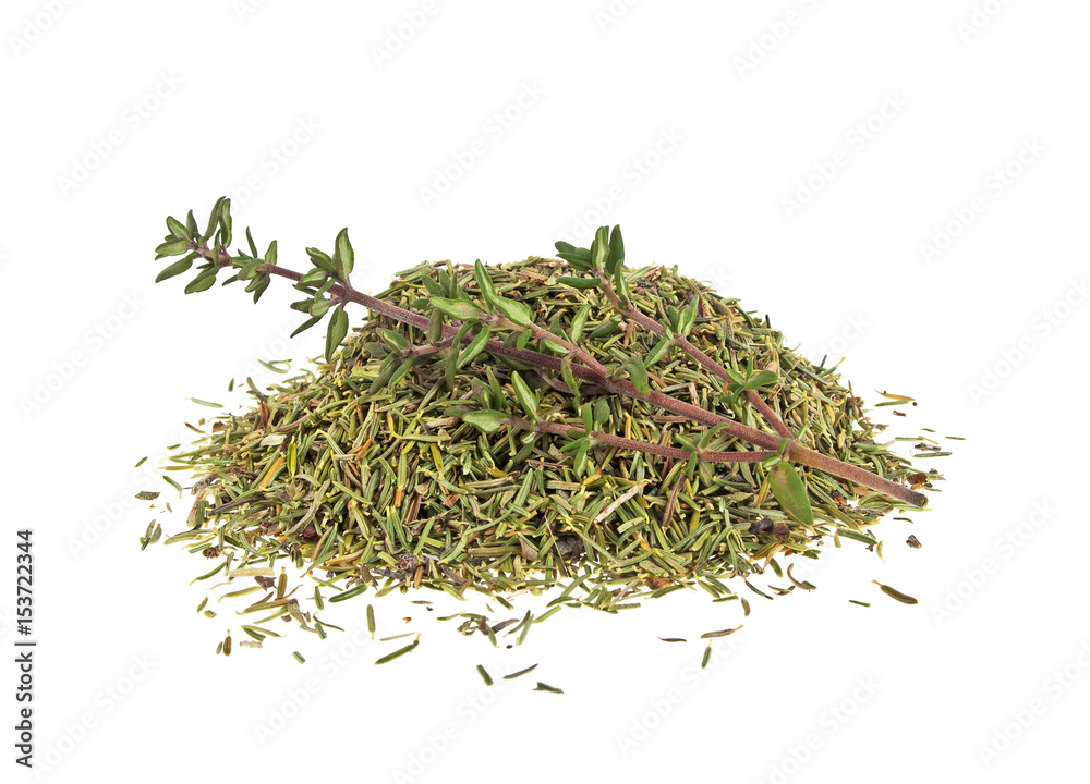 Dried thyme and thyme sprig isolated on white background Dried thyme and thyme sprig isolated on white background