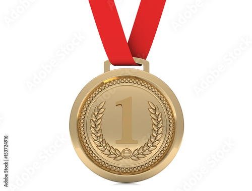 First place Gold medal with red ribbon isolated on white background - 3d illustration