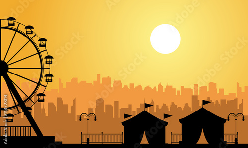 Vector flat amusement park scenery at sunrise
