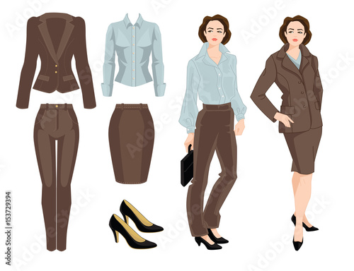 Vector illustration of business women or teacher. Formal beige suit, blue blouse, black shoes on white background