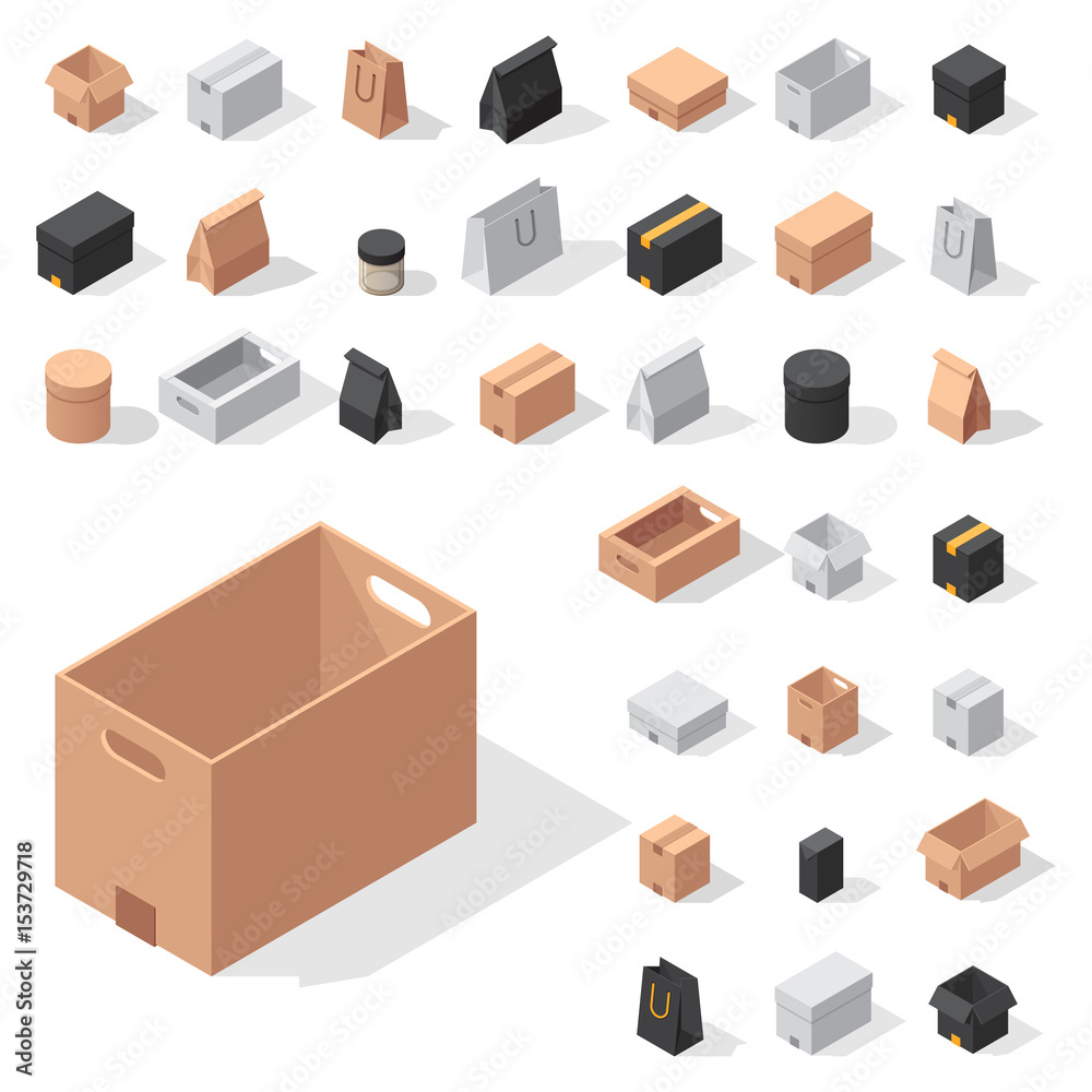 Different box vector isometric icons isolated move service or gift container packaging illustration Different box vector isometric icons isolated move service or gift container packaging illustration