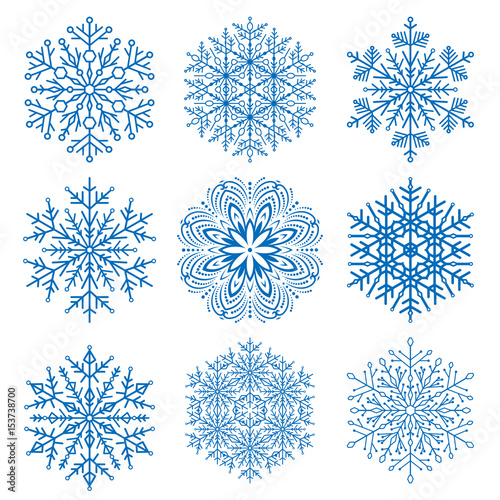 Set of vector blue snowflakes. Fine winter ornament. Snowflakes collection. Snowflakes for backgrounds and designs