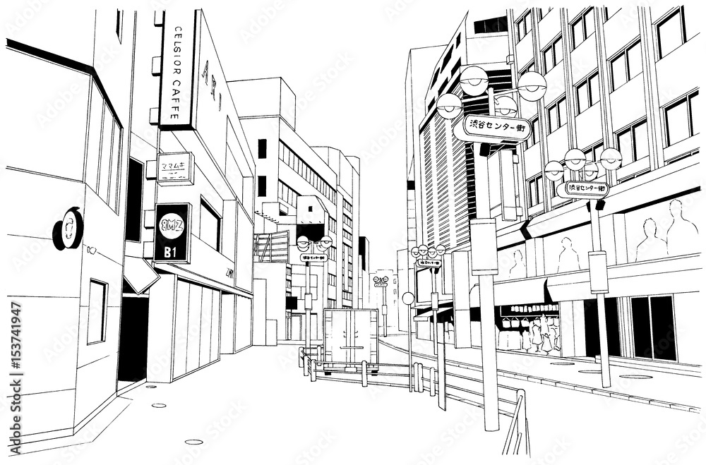Obraz premium 漫画風ペン画イラスト 繁華街
