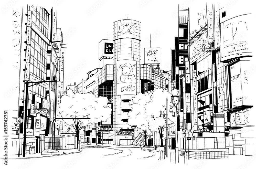 Naklejka premium Ilustracje rysunek piórem stylu Cartoon Śródmieście