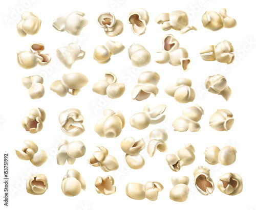 Collection of vector icons of fluffy macro popcorn in a realistic style isolated on white background