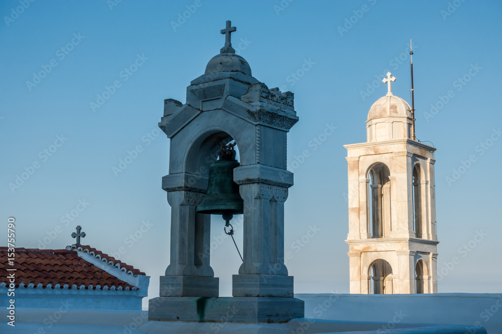 Towers and a cross in a monastery in Tinos
