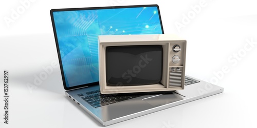 Vintage TV and a laptop on white background. 3d illustration