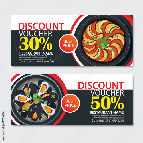 Discount voucher french food template design. Set of ratatouille, musssels