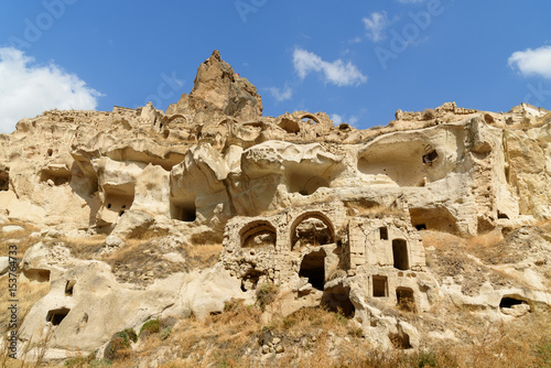 View of Ortahisar castle and cave houses. Cappadocia. Turkey