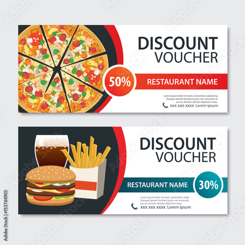 Discount voucher fast food template design. Set of pizza, hamburger, french fries.