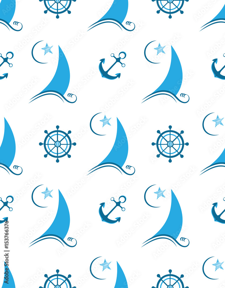 Sailboat on the waves, anchor and helm seamless pattern. Sailboat on the waves, anchor and helm seamless pattern.