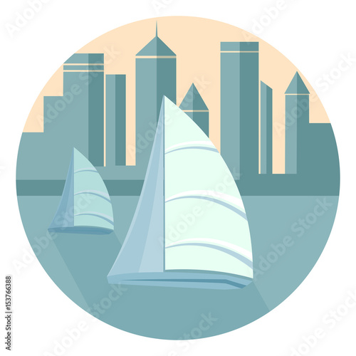 Sailing boats floating in the sea against the background of the city waterfront. Skyscrapers in the style of flat.
