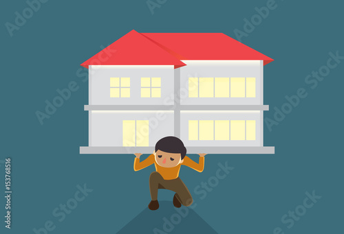 Man kneeling on the floor because he have burden about house too heavy to carry alone. Illustration about debt.
