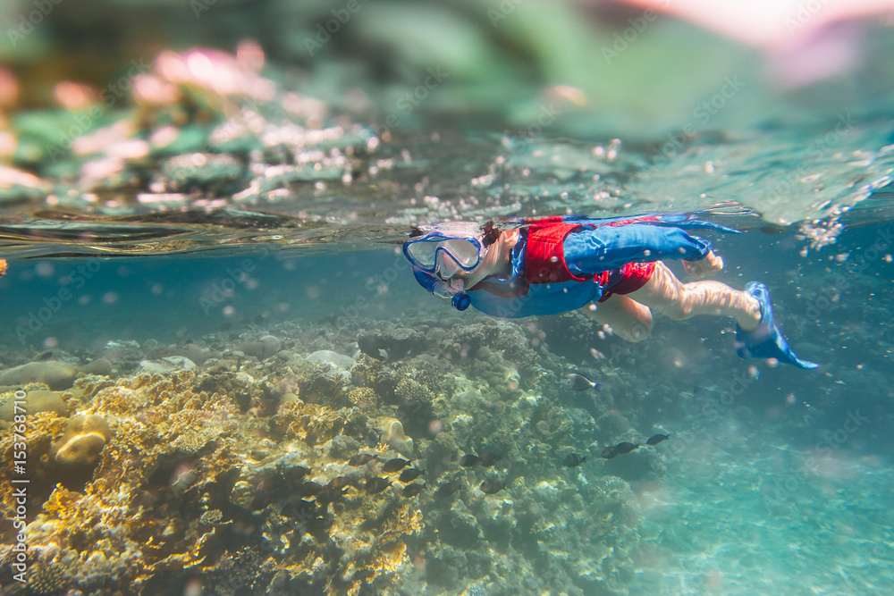 child snorkeler diving along the brain coral red sea