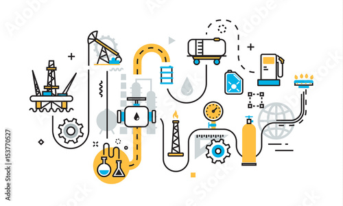 Flat line illustration concept of graph, plan, scheme, mechanism, algorithm, step of oil and gas production industry process, petroleum product, extraction, valving, oil well pump for website banner