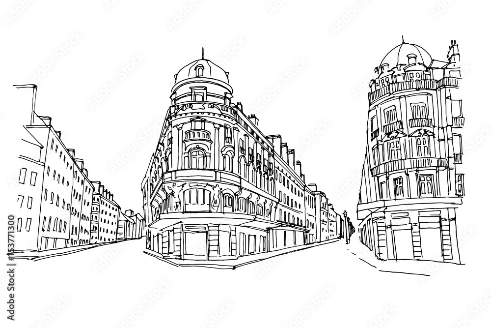 Vector sketch of street scene in France.